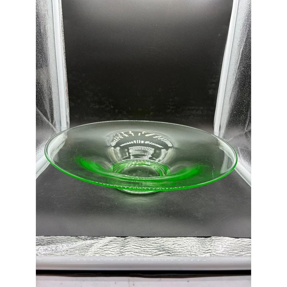 Vintage Green Uranium Glass Console Bowl Flared Depression Glass Centerpiece